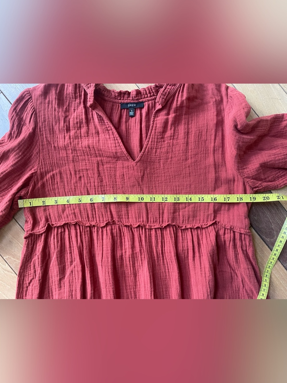 DREW Cotton Gauze Tiered Dress Small Rust Red Ruffle Neck Boho Cottagecore - Picture 6 of 8